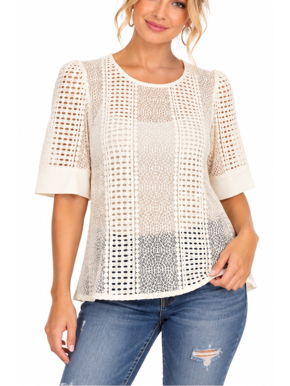 Vero Moda Ivory Crochet Short Sleeve Top ๐ค- Large